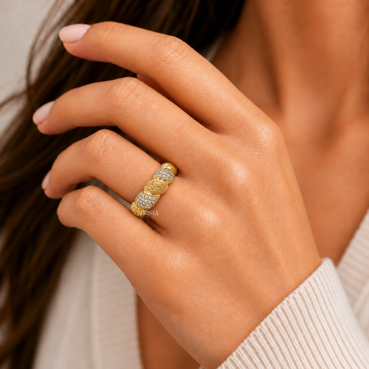 Twisted Gold Lab Grown Diamond Band, Pavé Stackable,Round Cut Diamond,Bridal Jewelry