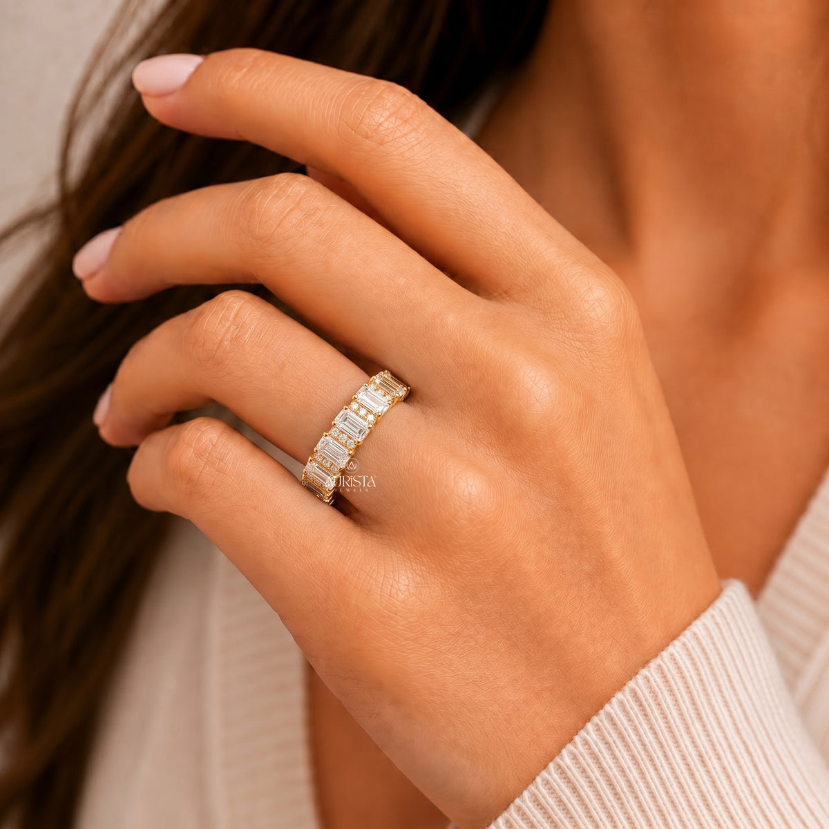 Lab Grown Diamond Eternity Band, Emerald Cut & Round Side Stones Yellow Gold Ring