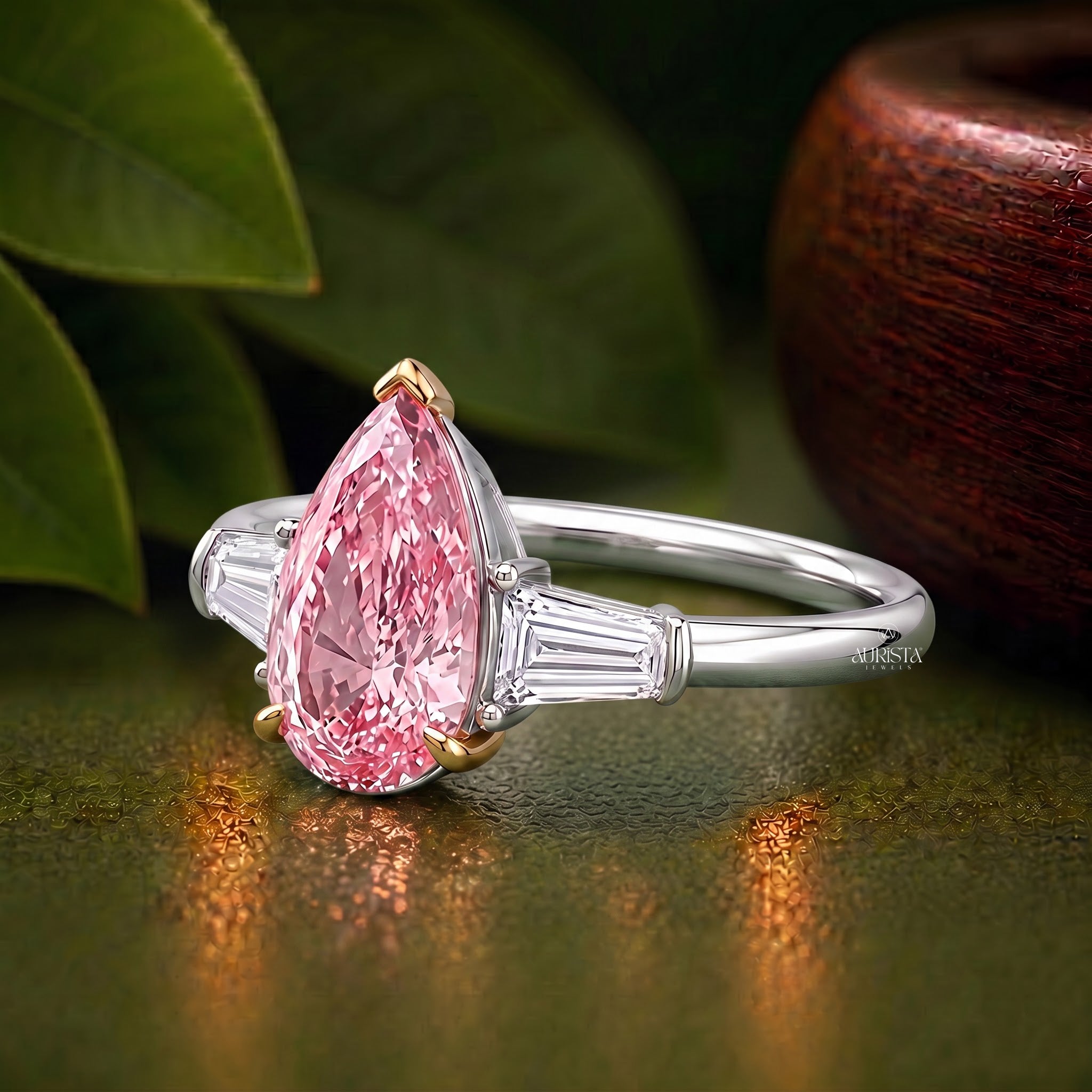 Pink Pear Cut Lab Grown in Diamond Three Stone Ring Silver Luxury Band