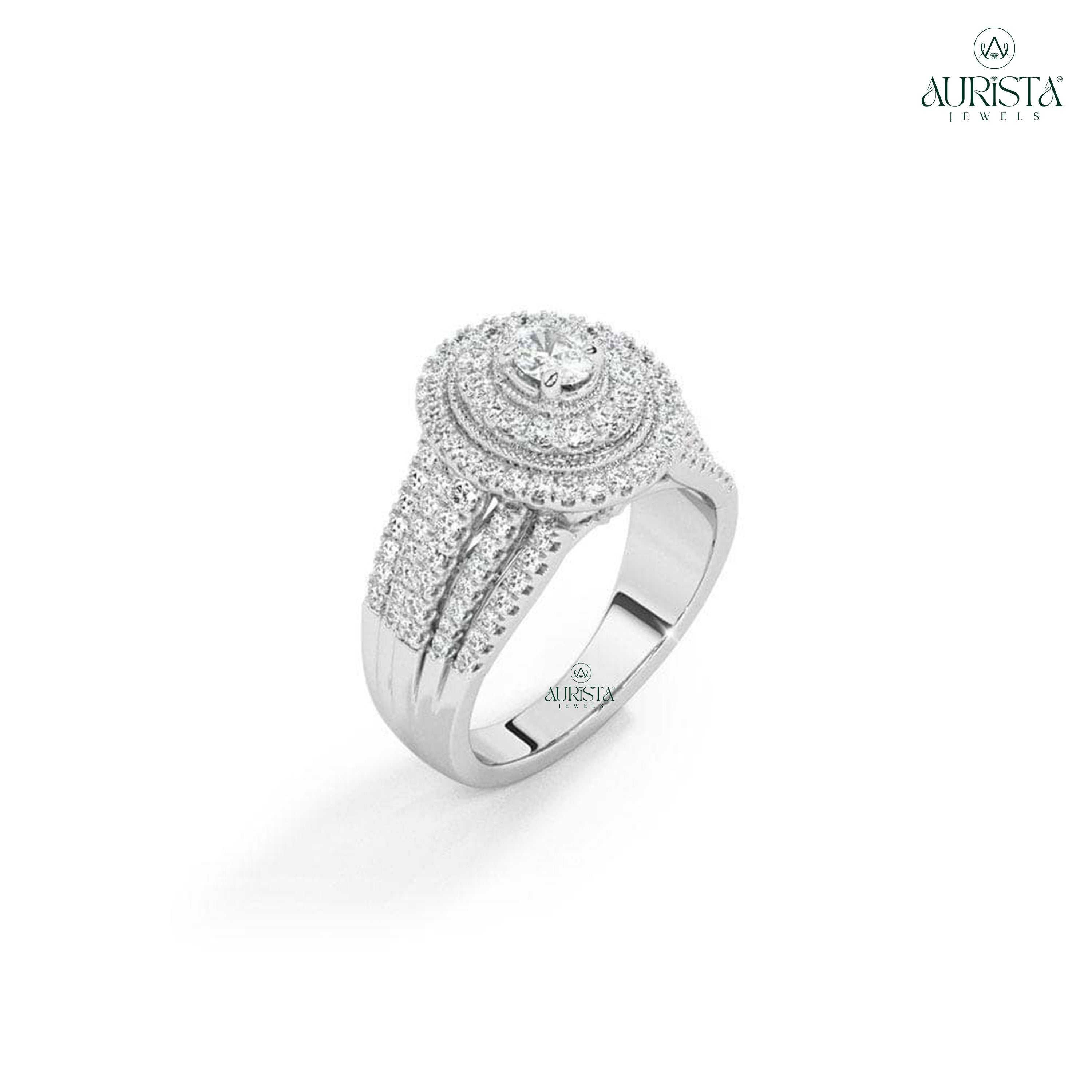 Moissanite Diamond Oval Cut Double Halo Ring with Round Side Stones White Gold Gift