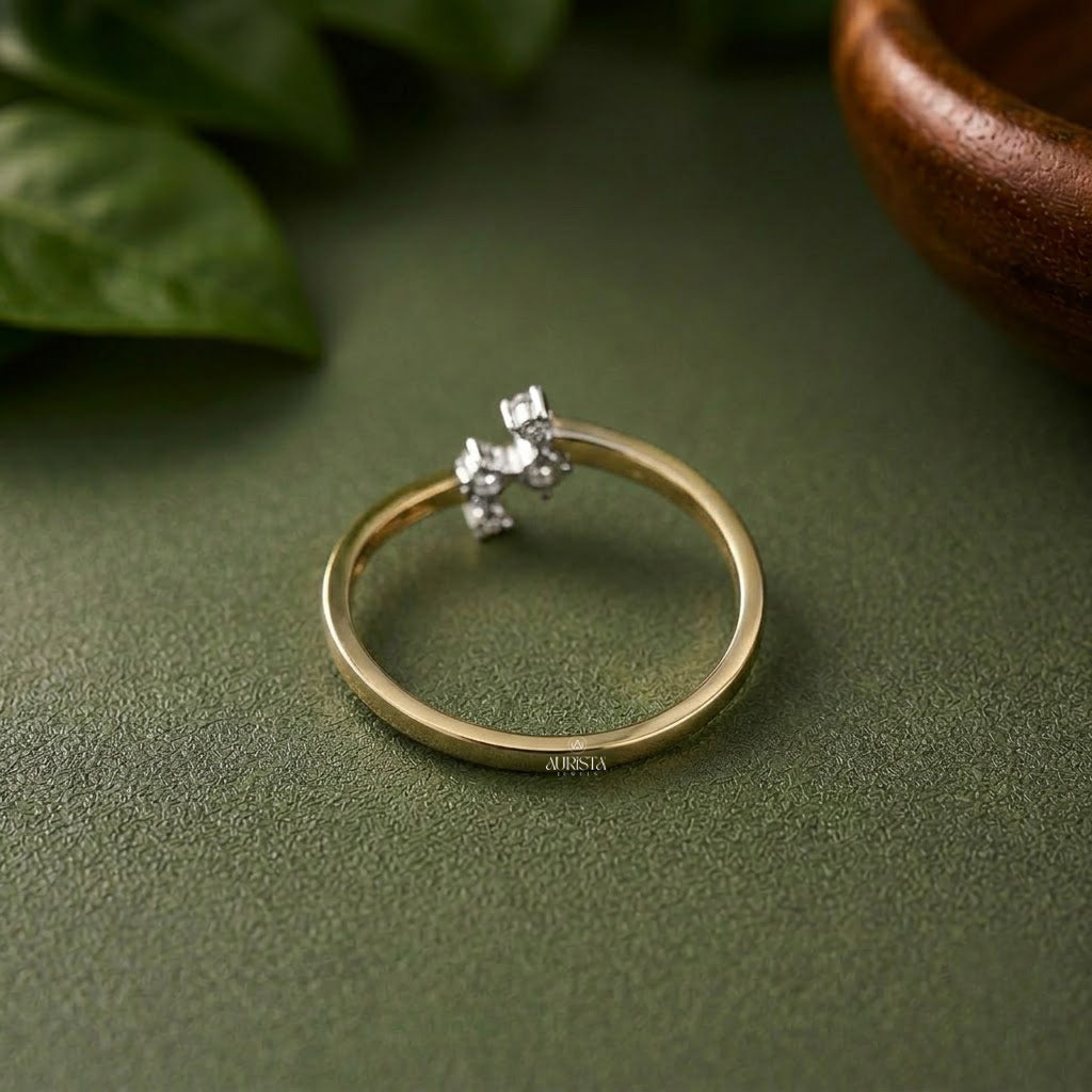 Lab Grown Diamond Gold Cluster Ring Asymmetrical Bypass Band Modern Stacking Ring