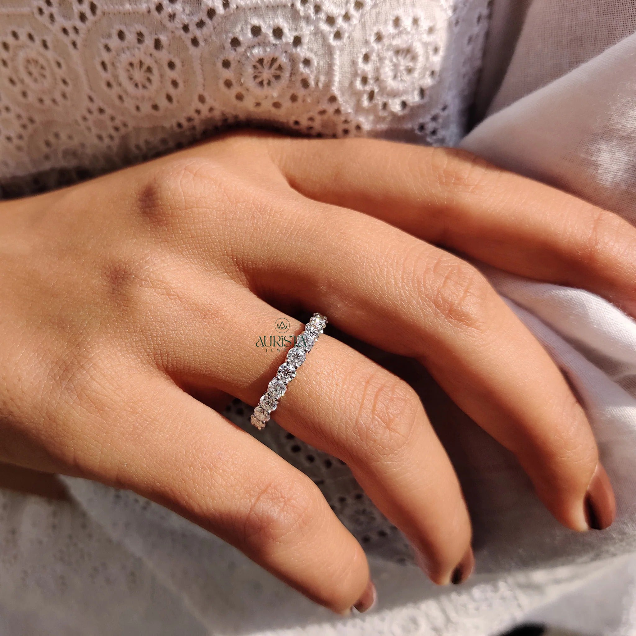 Moissanite Diamond Full Eternity Band Minimalist Stackable Wedding Ring White Gold