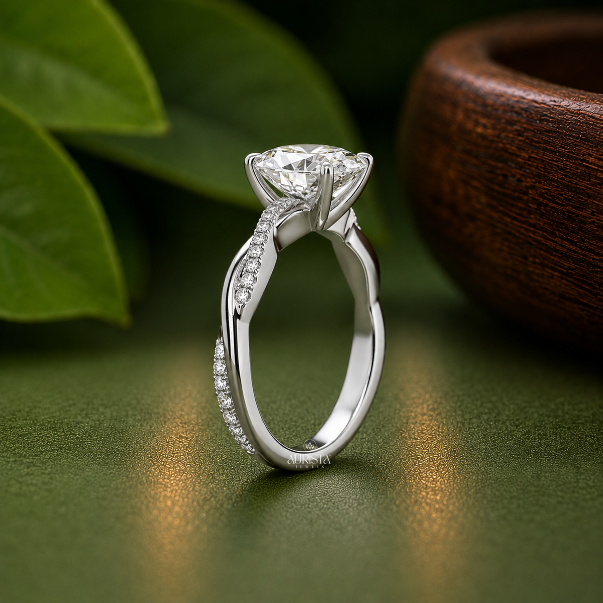 Oval Lab Grown Diamond Ring, Unique Twisted Pavé Band Minimalist Jewelry