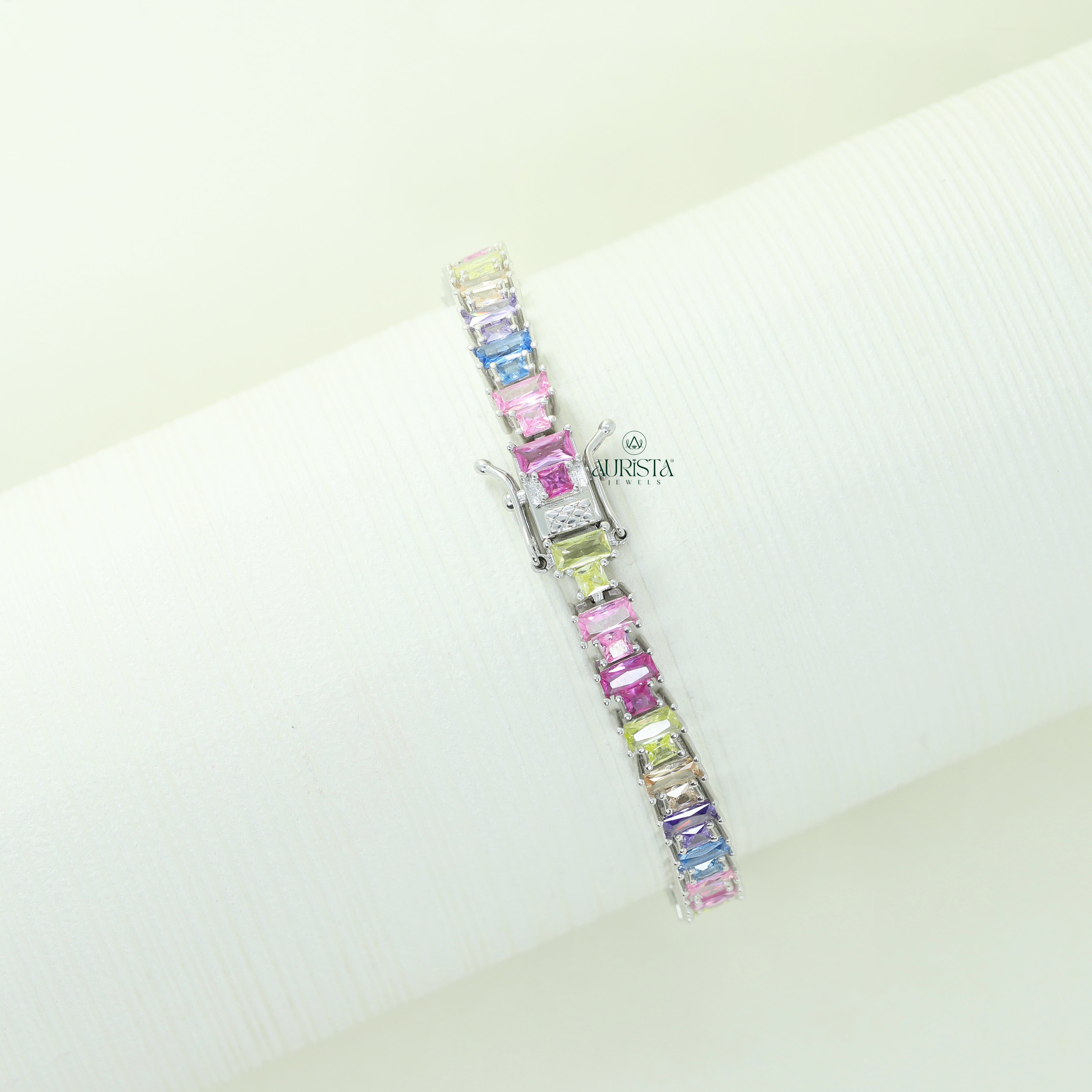 Rainbow Moissanite Tennis Bracelet, Colorful Baguette Cut Line Bracelet