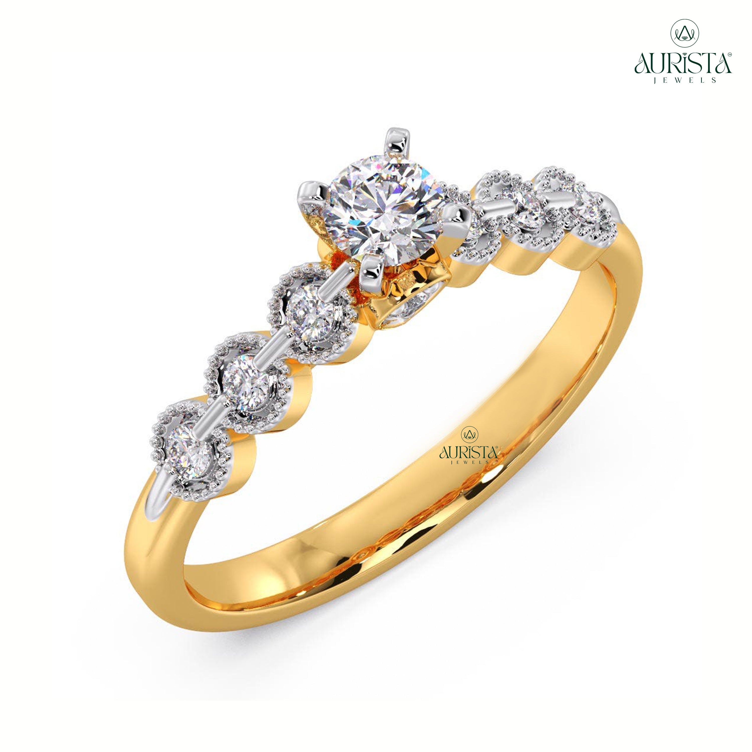 Moissanite Diamond Round Vintage Engagement Ring Milgrain Two Tone Gold Hidden Accents