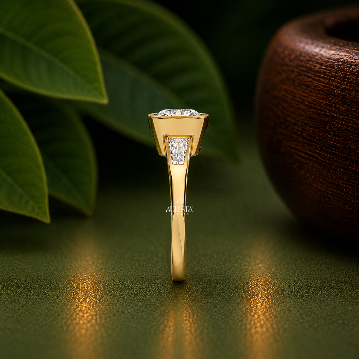 Cushion Lab Grown Diamond Ring, Bezel Set Yellow Gold With Baguette Side Stones