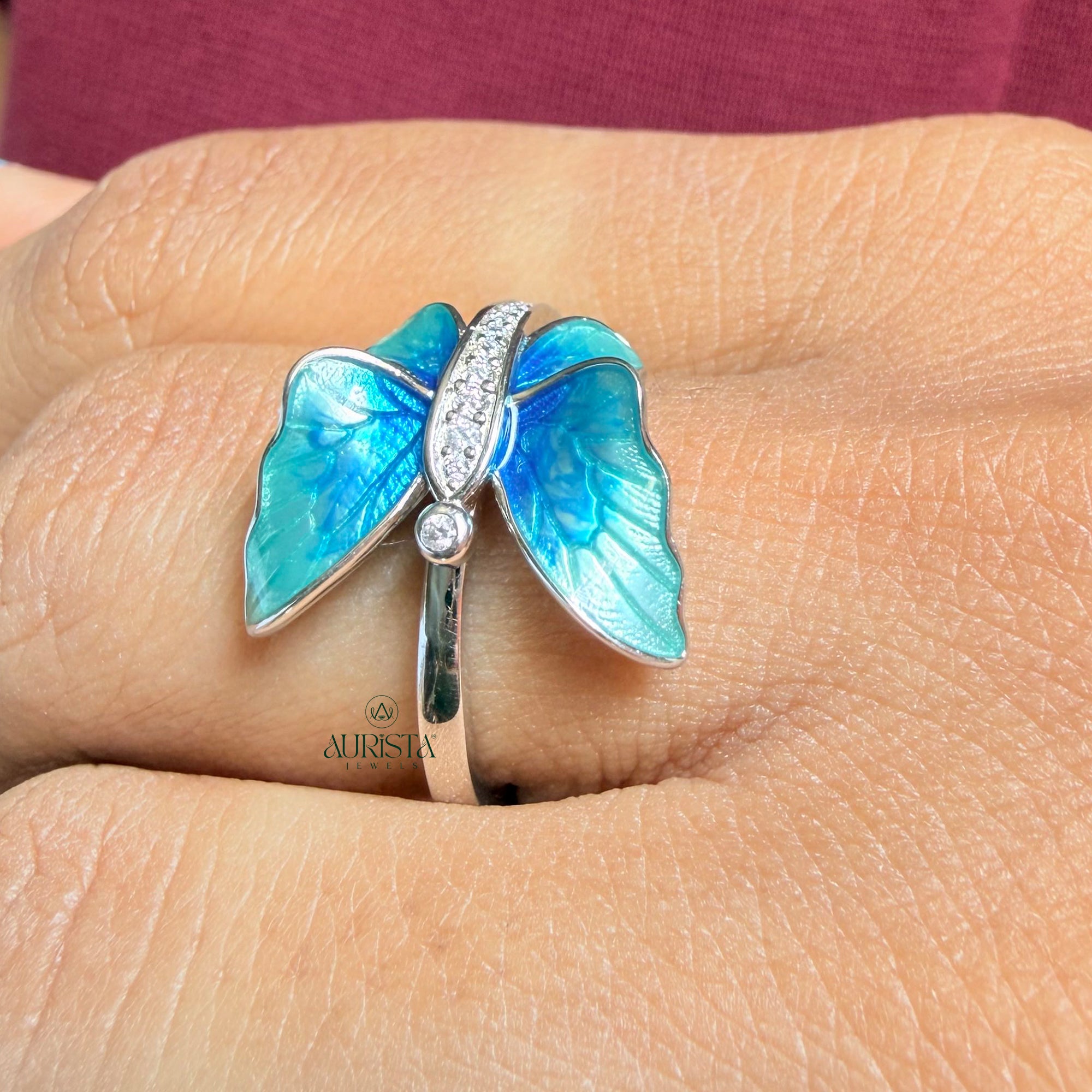 Blue Butterfly Moissanite Ring Round Cut Enamel Statement Animal Ring For Women