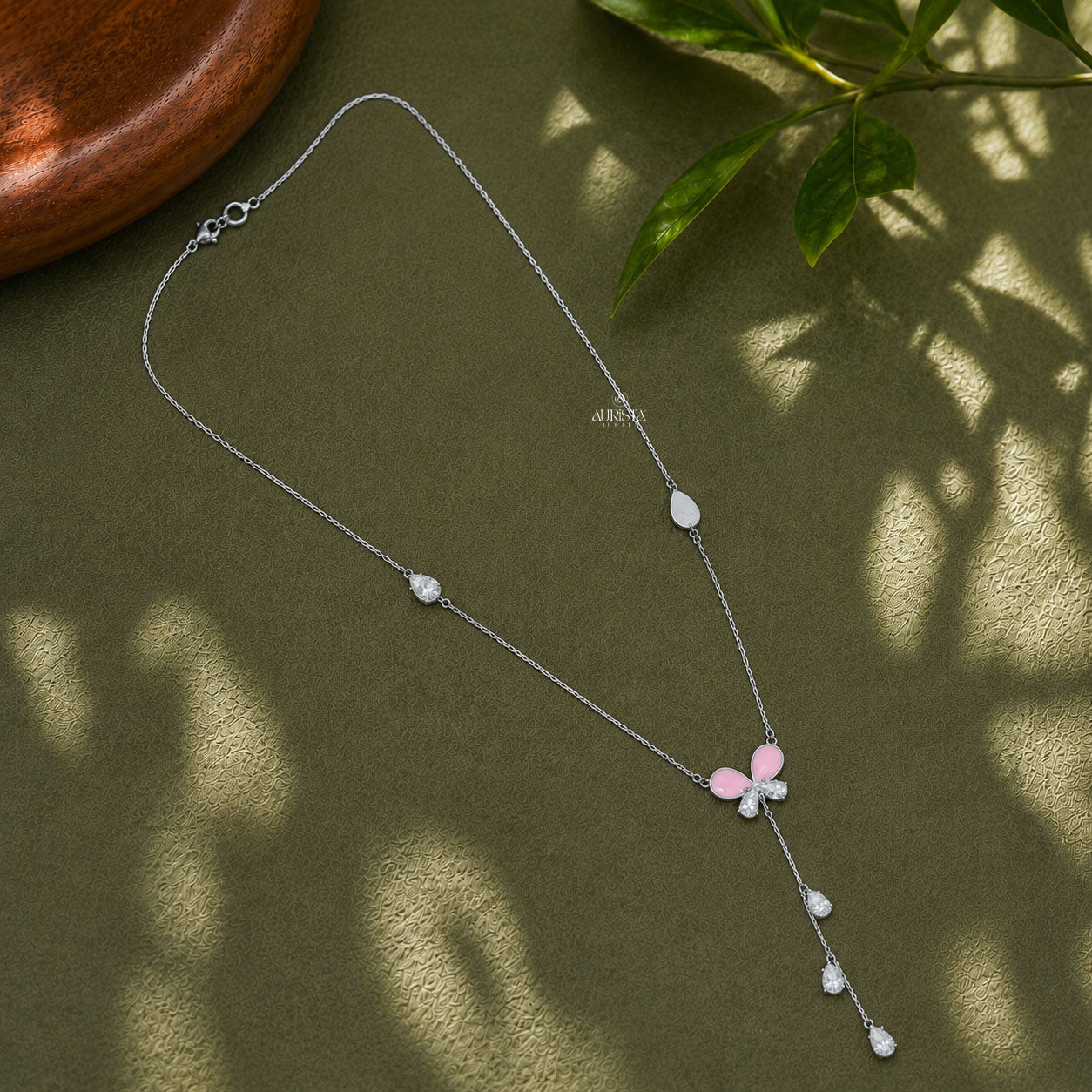 Pink Enamel Butterfly Moissanite Lariat Y Necklace With Pear Drop Charms For Women