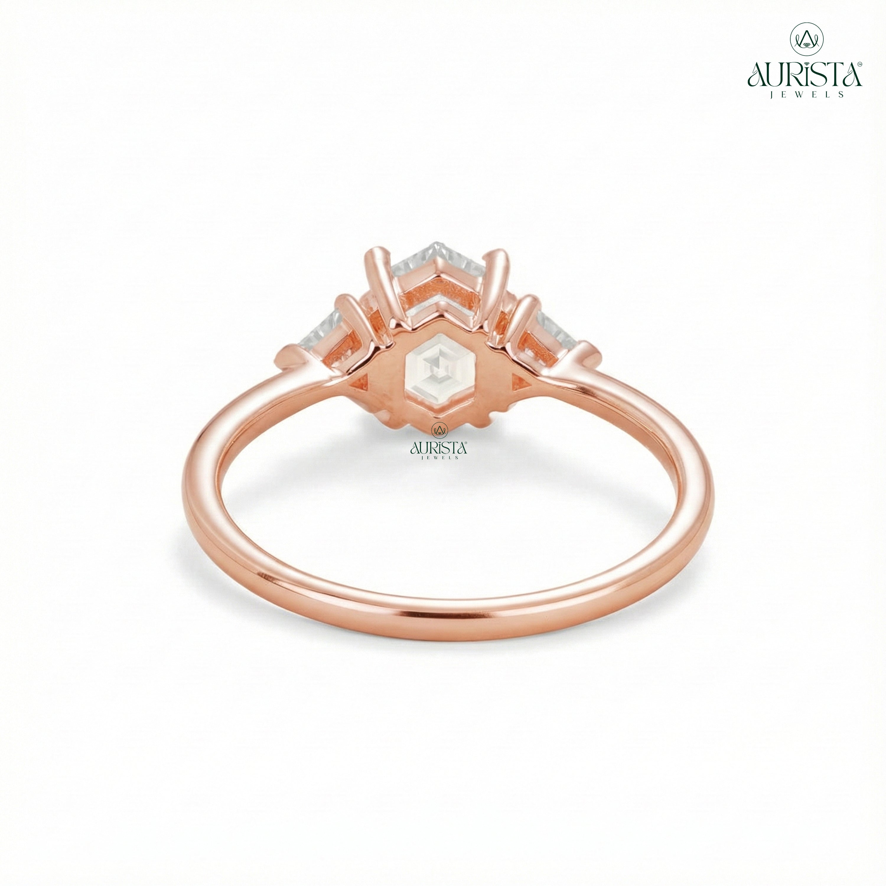Hexagon Moissanite Diamond Ring, Rose Gold Three Stone Ring With Trillion Side Stones