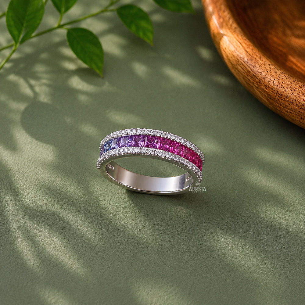 Princess Cut Mix Moissanite Wedding Band Channel Set Eternity Stacking Ring
