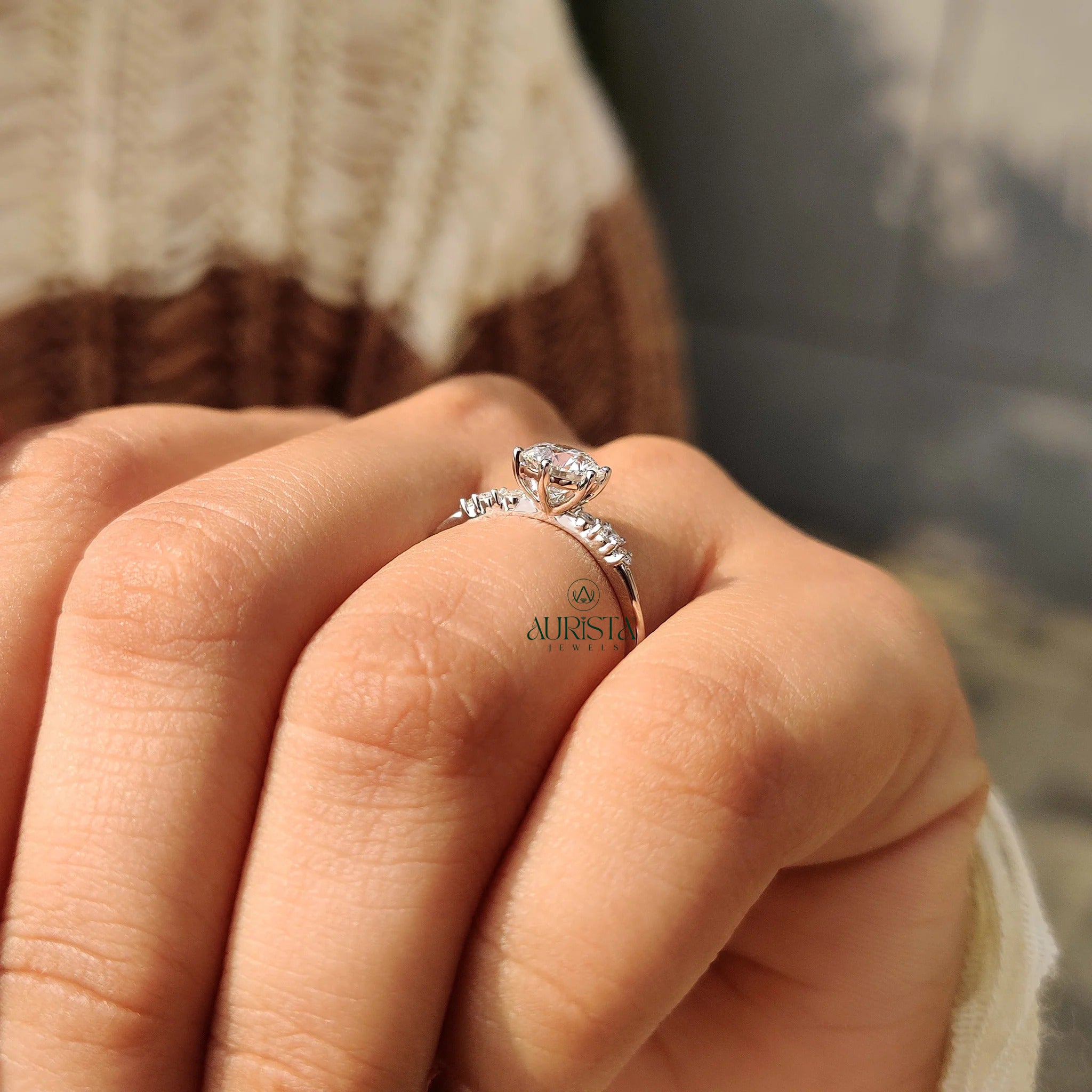 Round Brilliant Cut Diamond Ring with 6-Prong Accent Band