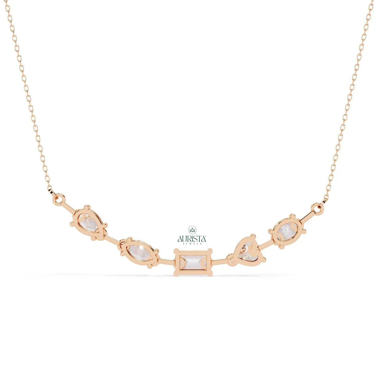 Gold Mixed Cut Lab Grown Diamond Station Necklace Pear Emerald Heart Marquise Chain