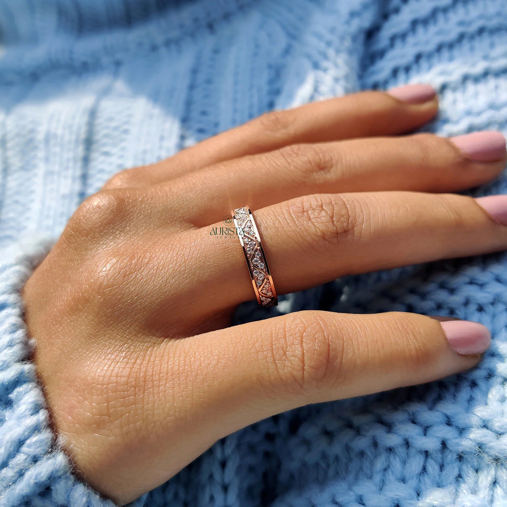 Moissanite Diamond Engraved Rose Gold Band Minimalist Geometric Wedding Ring