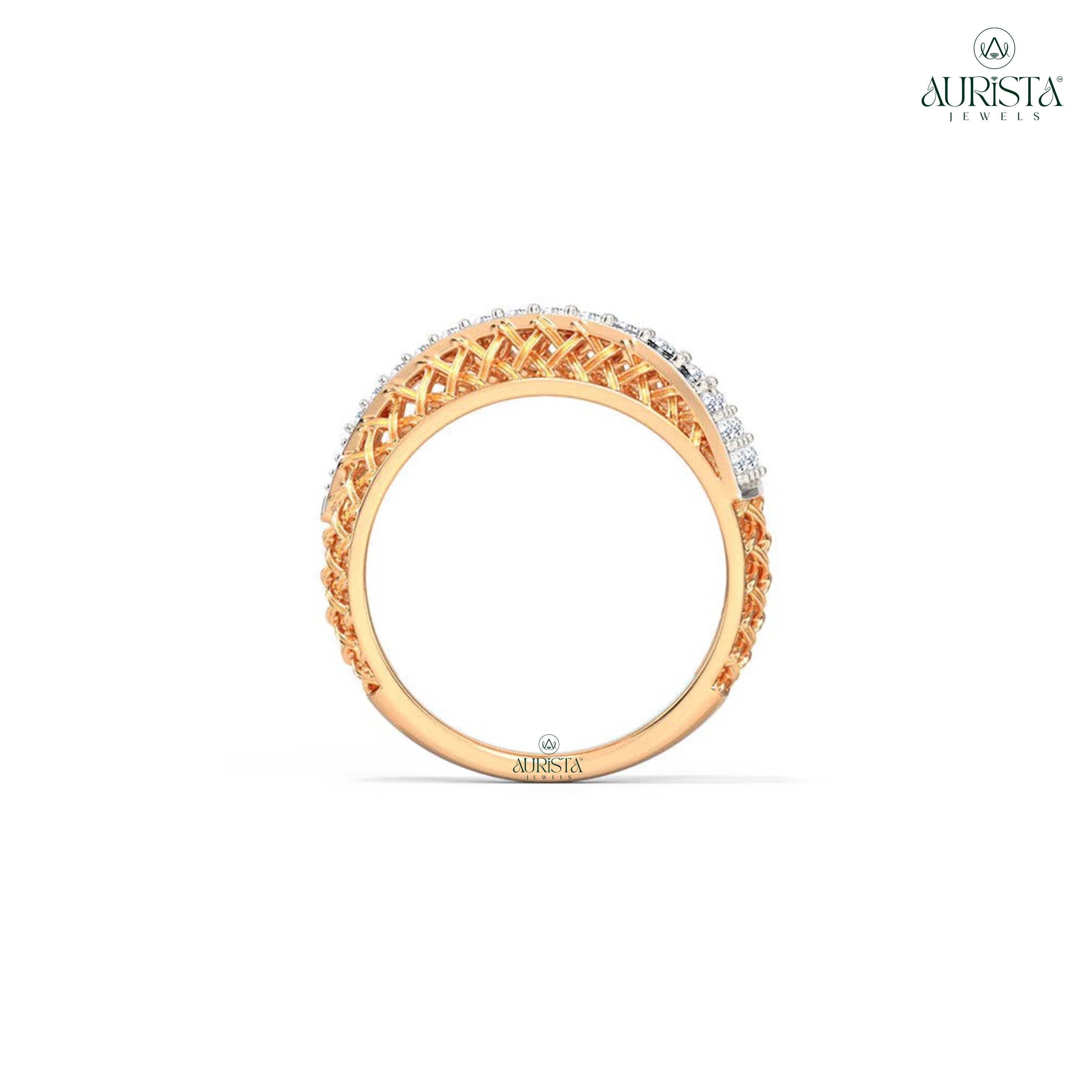 Round Cut Moissanite Diamond  Woven Texture Band Rose Gold Unique Anniversary Ring Gift