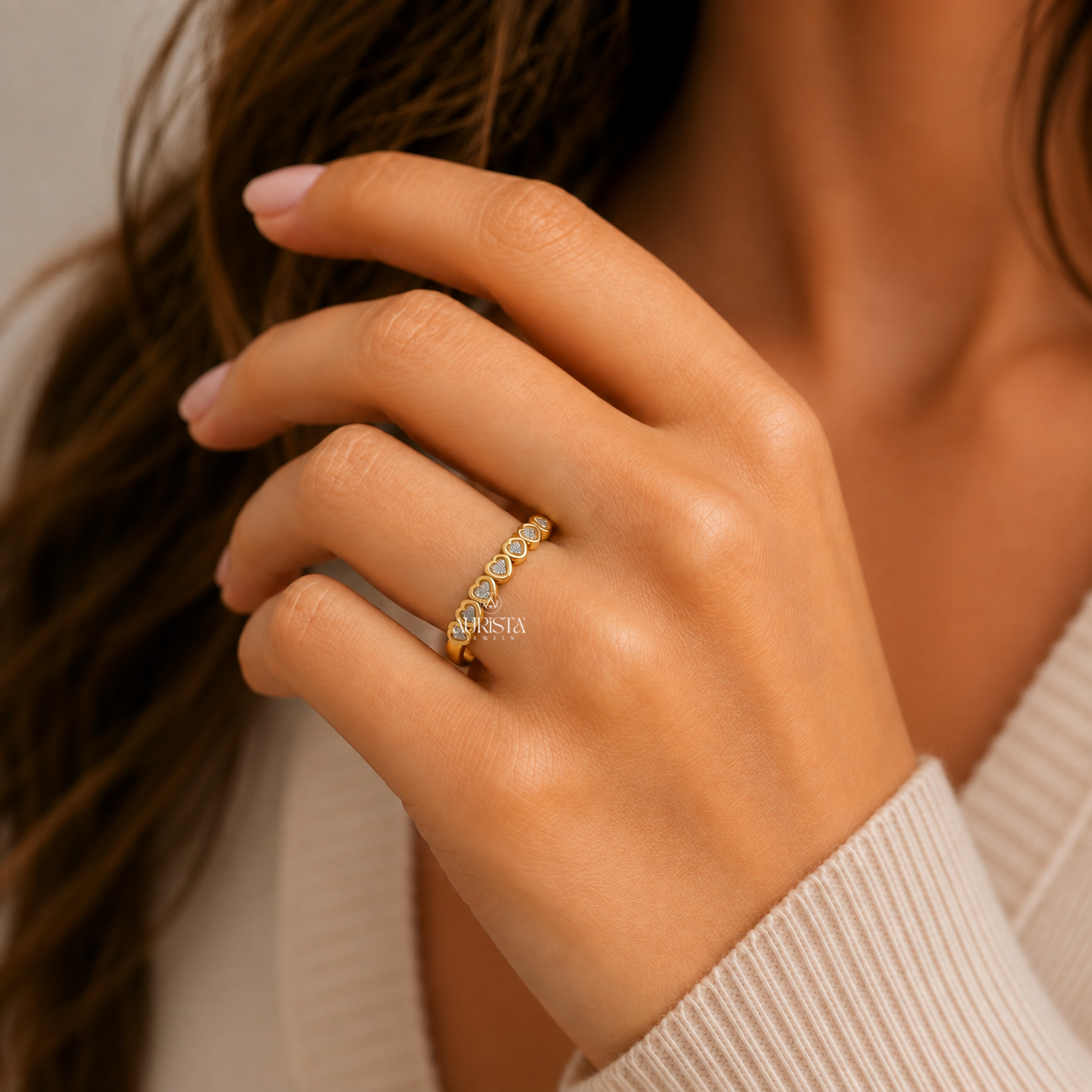 Lab Grown Diamond Gold Heart Chain Band Ring Dainty Stacking Ring Sweet Jewelry