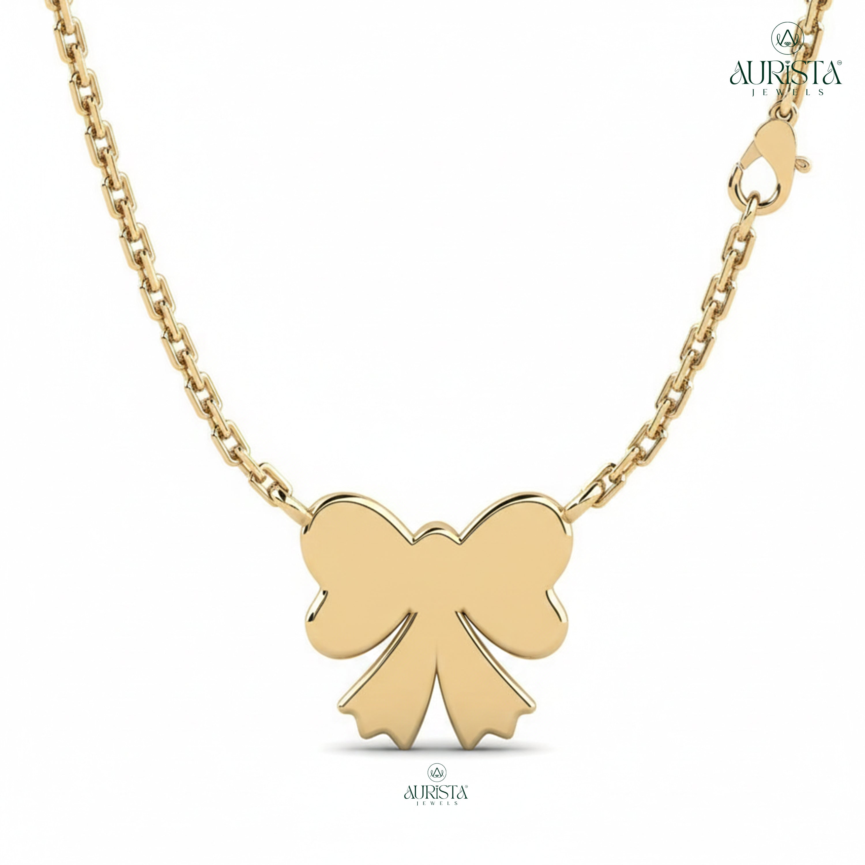 Dainty Bow Moissanite Diamond Pendant Necklace in Polished Gold Finish