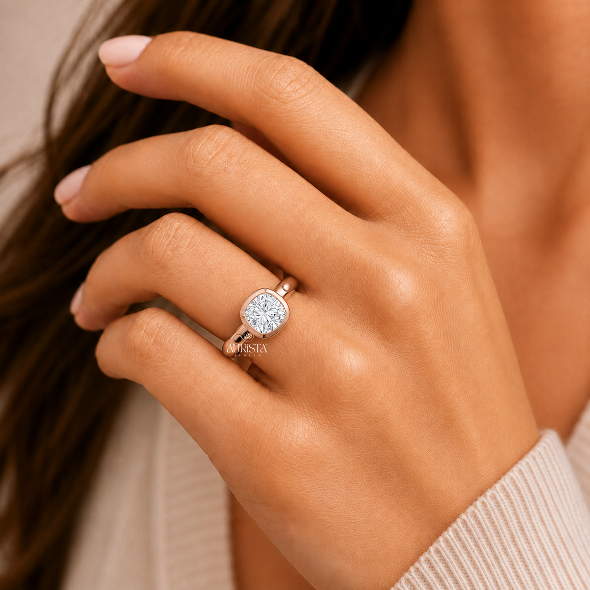Cushion Shape Lab Grown Diamond Ring, Bezel Set Wide Solitaire Rose Gold Band