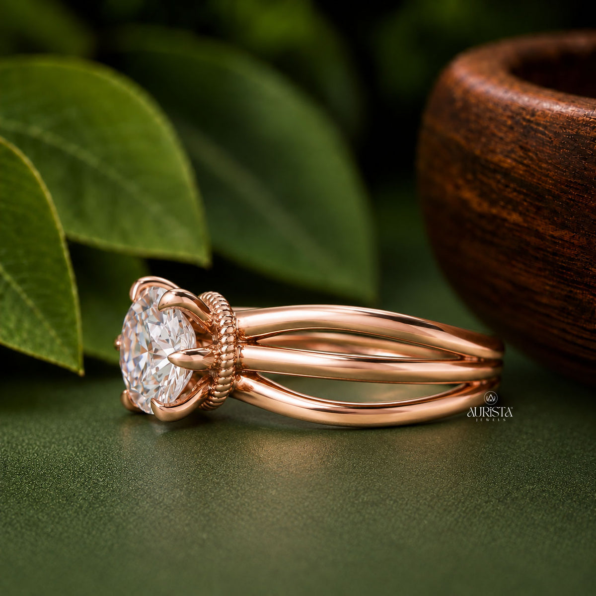 Round Cut Lab Grown Diamond Engagement Ring, Multi-Band Rose Gold Wedding Ring