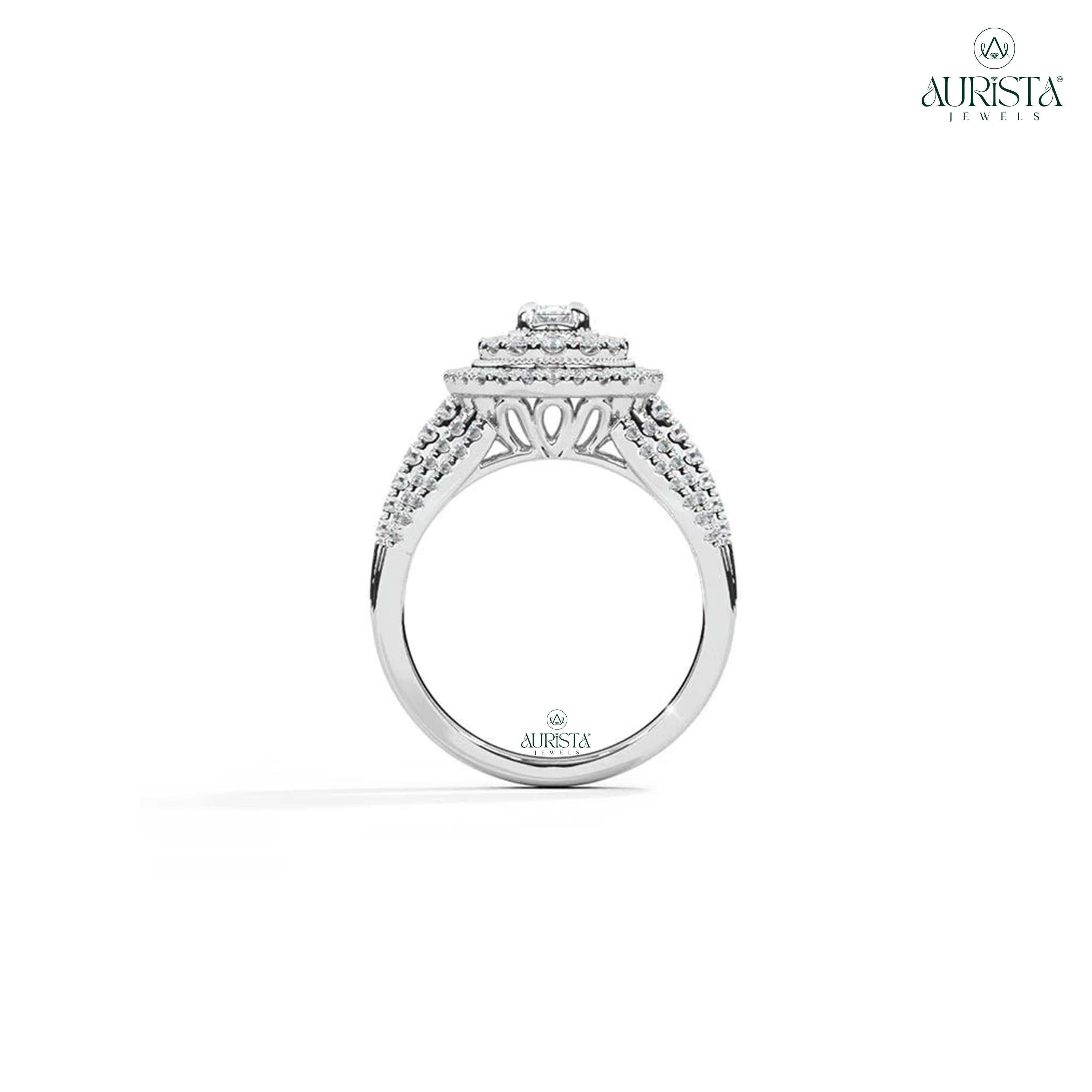 Moissanite Diamond Oval Cut Double Halo Ring with Round Side Stones White Gold Gift