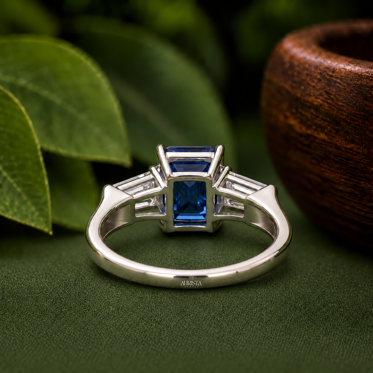 Lab Grown in Diamond Blue Emerald Cut Ring Three Stone Silver Engagement Band
