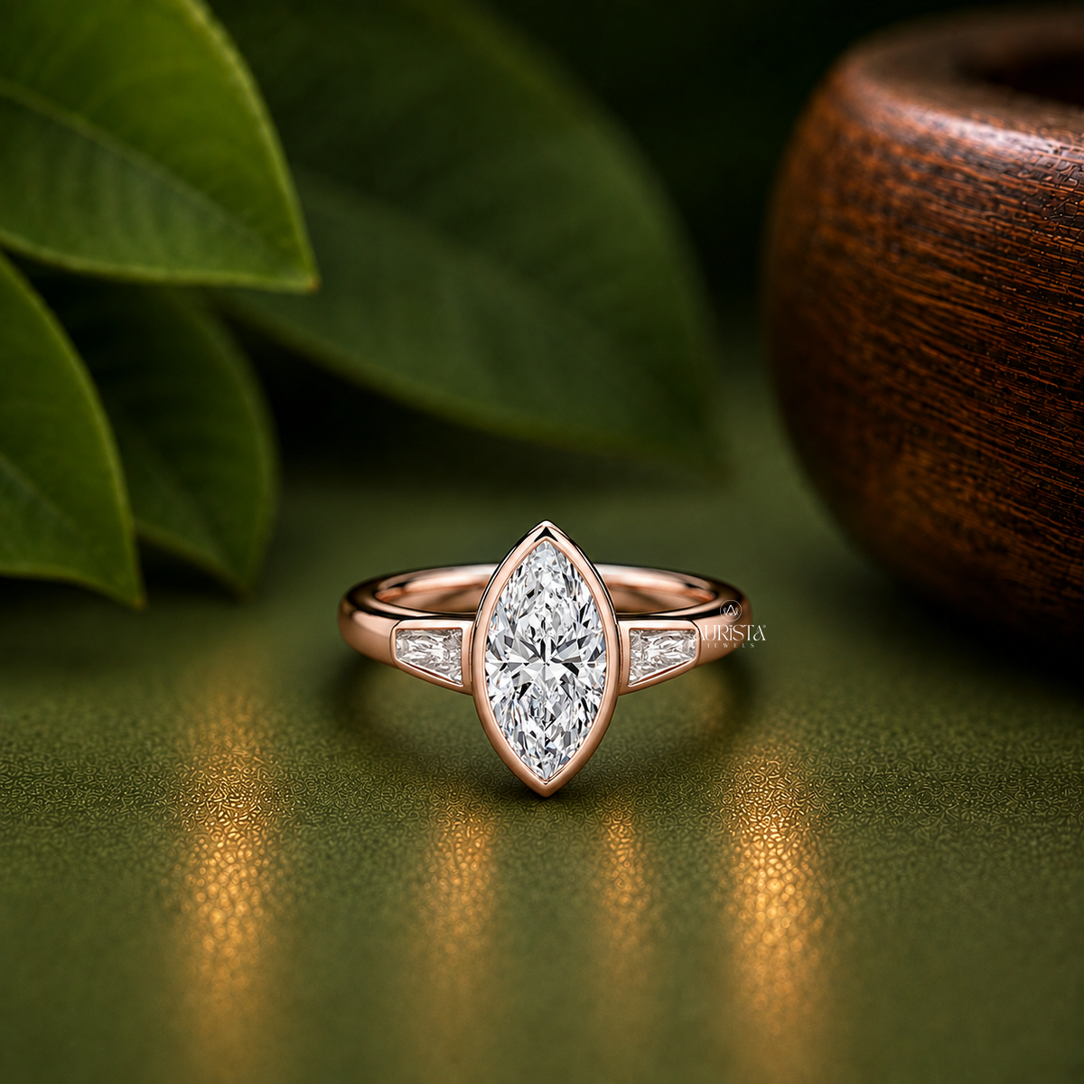Marquise Lab Grown Diamond Ring, Bezel Set Rose Gold With Tapered Baguette Side Stones