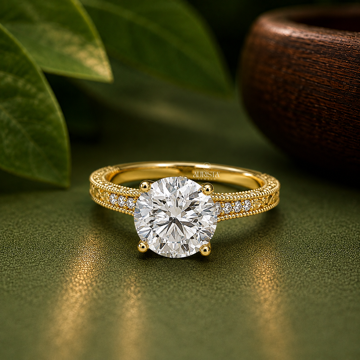 Vintage Round Moissanite Diamond Ring, Antique Milgrain Pavé Engagement Wedding Band