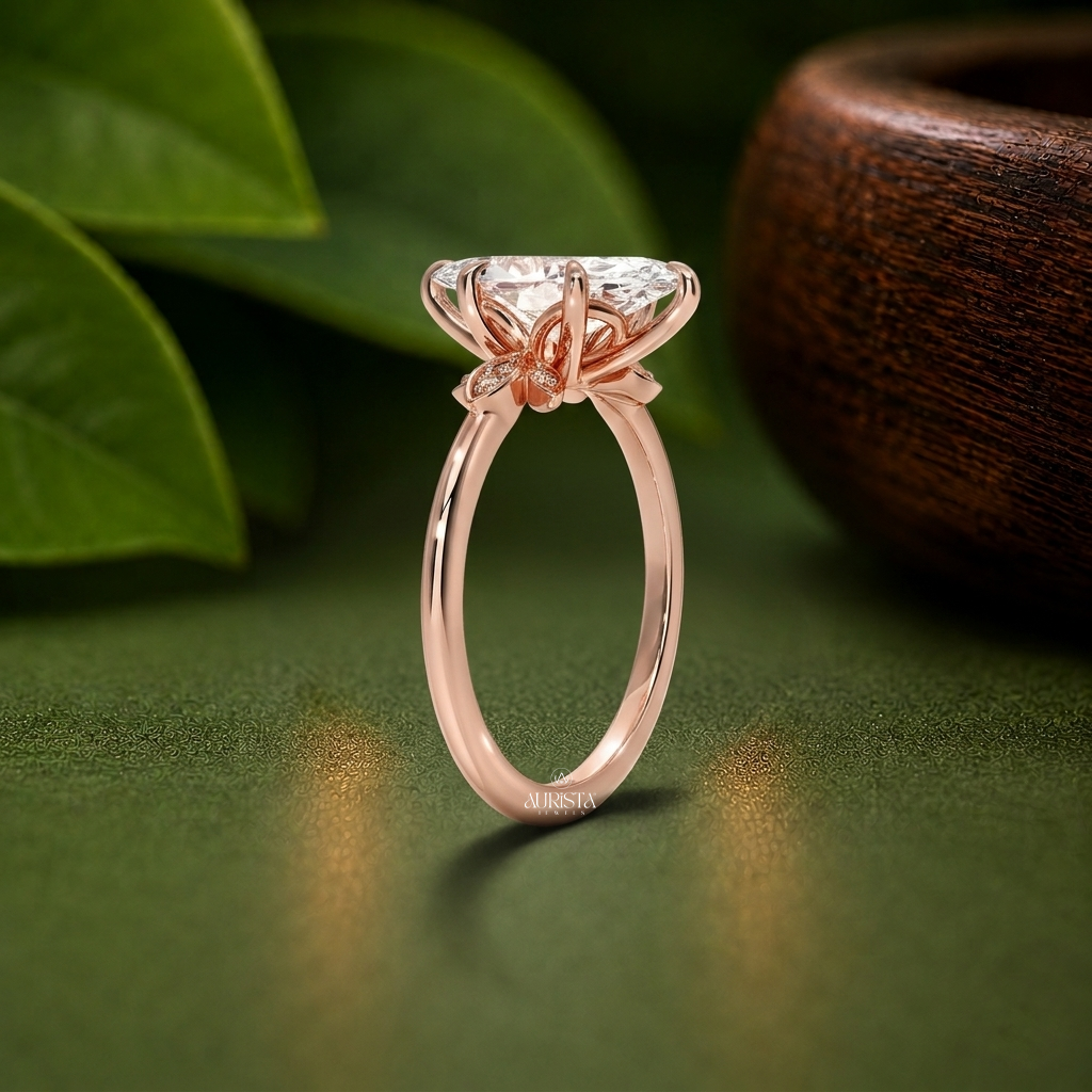 Marquise Lab Grown Diamond Ring, Nature Inspired Floral Vine Band Jewelry