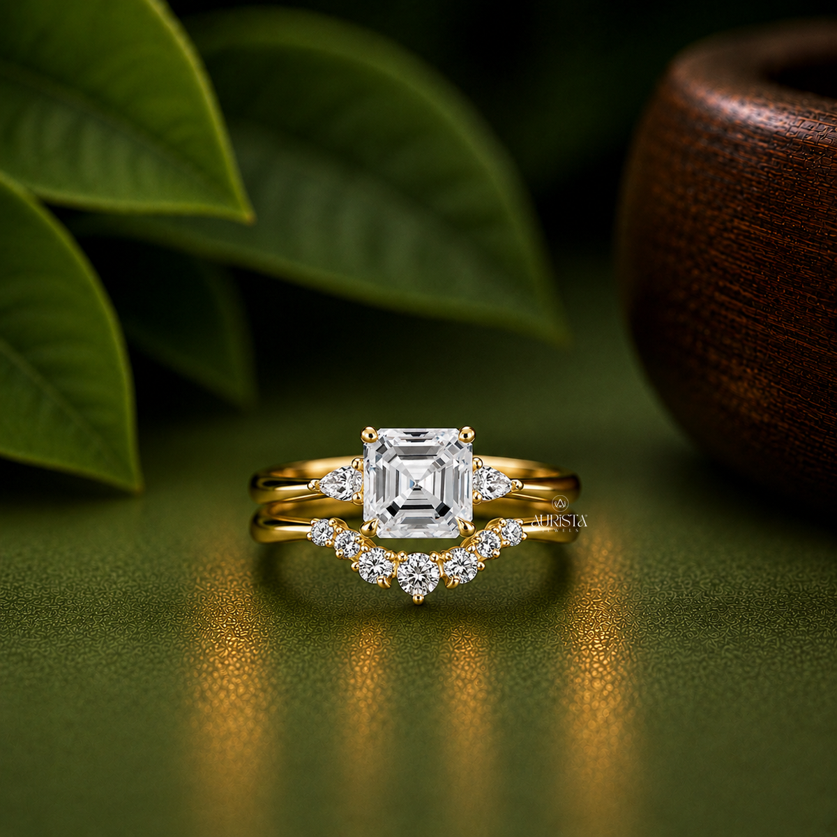 Asscher Shape Lab Grown Diamond Ring Set, Three Stone Yellow Gold With Curved Band