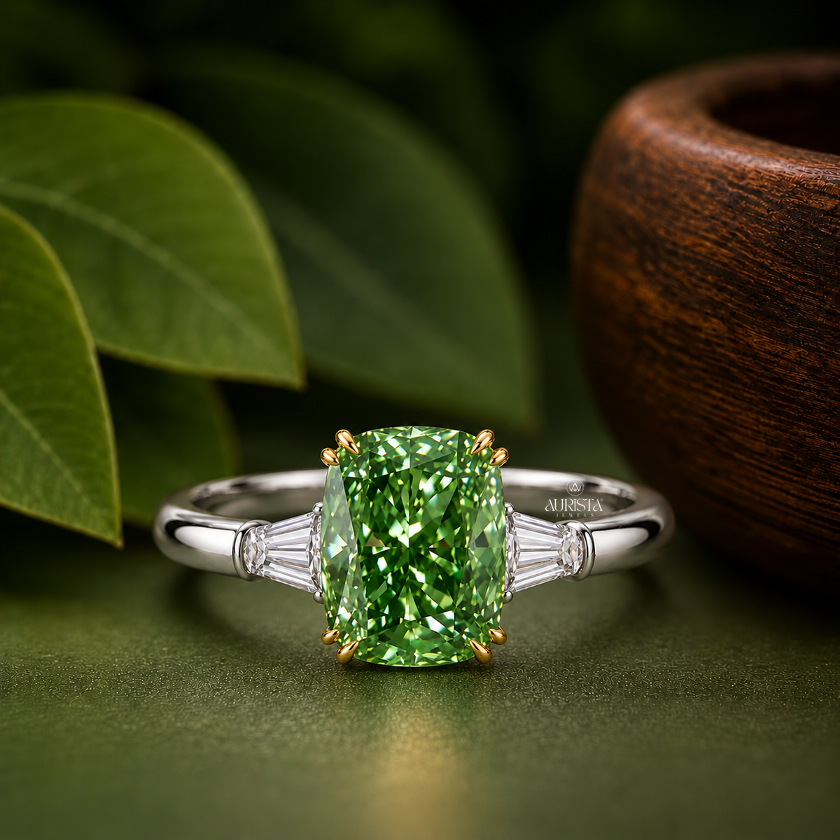 Green Marquise Cut Bezel Set Engagement Ring Solitaire Band Lab Grown in Diamond
