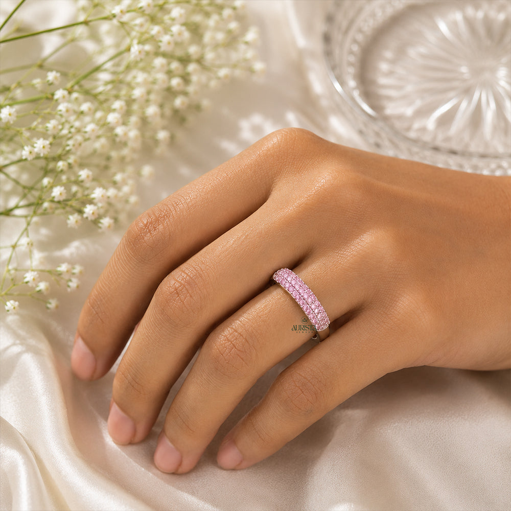 Minimalist Gemstone Band, Sterling Silver Round Pave Ring, Everyday Stackable Ring