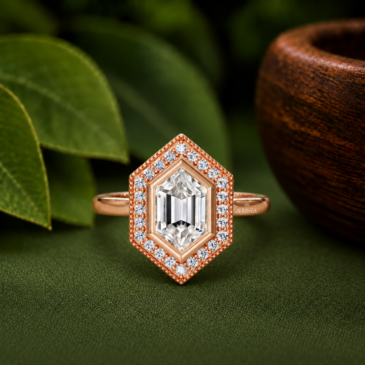 Hexagon Lab Grown Diamond Ring, Rose Gold Halo Engagement Ring With Vintage Detail