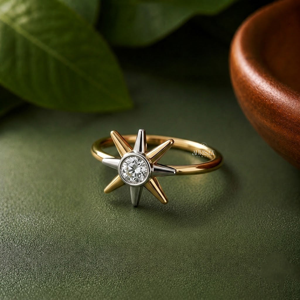 Lab Grown Diamond Gold Starburst Ring Celestial Solitaire Band Stacking Ring Chic