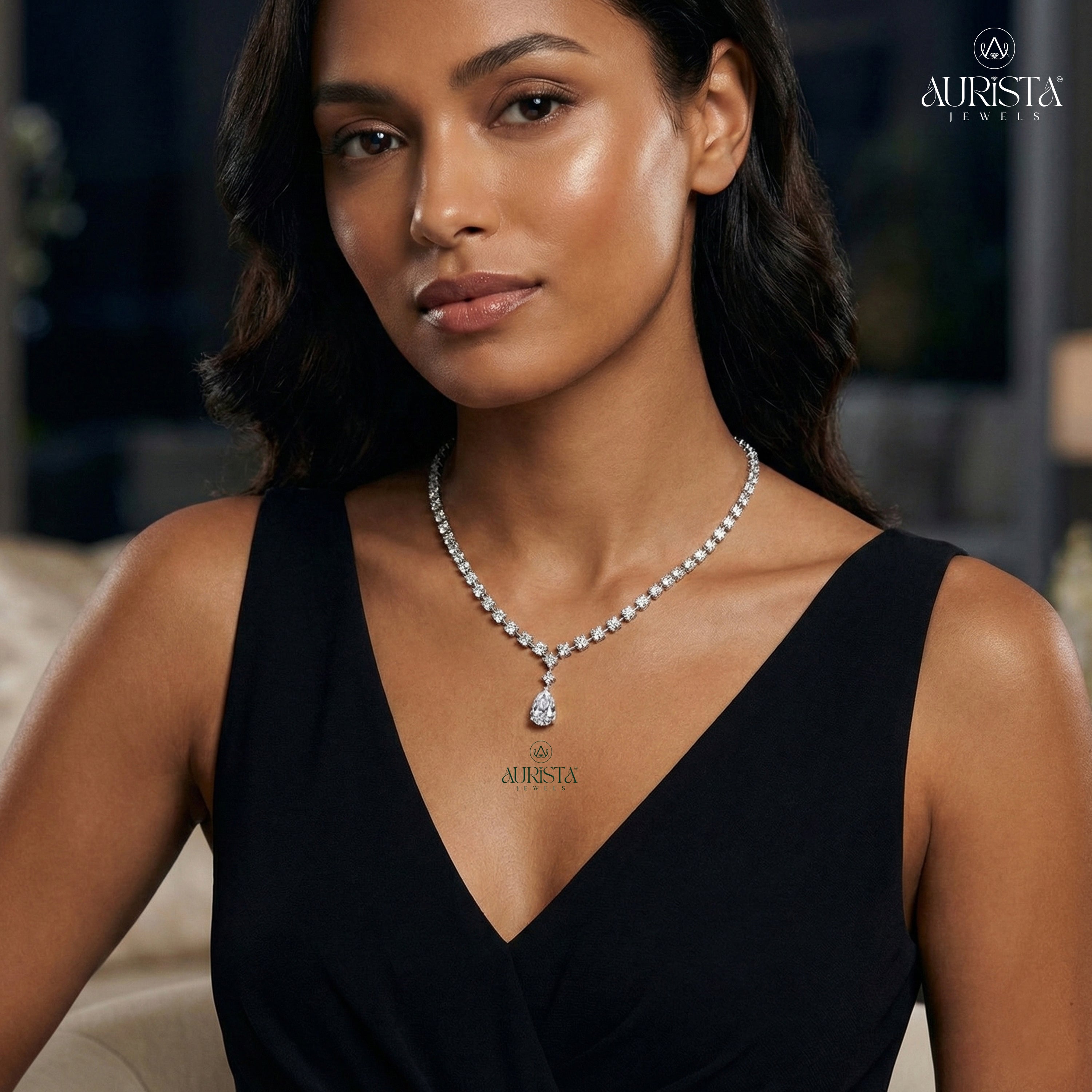 Radiant Lab Grown Diamond Tennis Necklace with Pear Drop Elegant Silver Statement