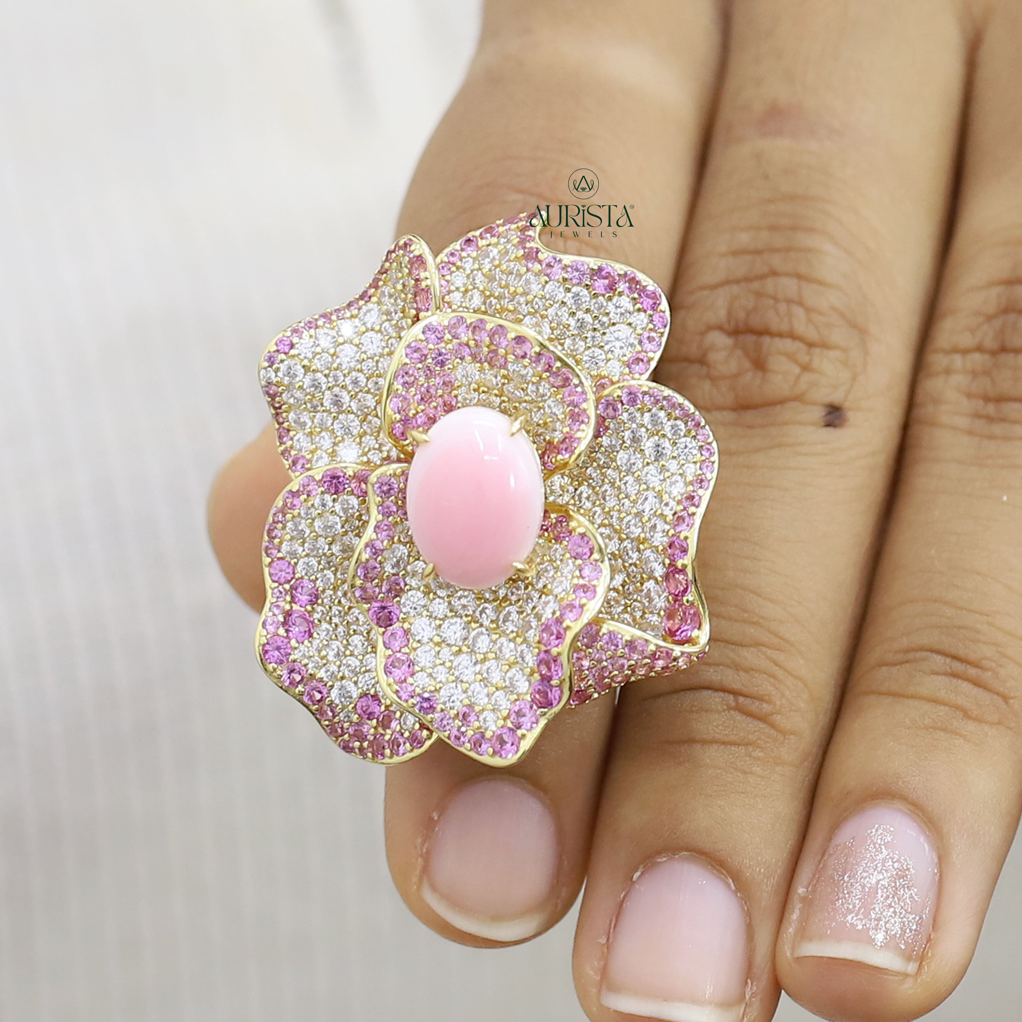 Luxury Flower Moissanite Ring - Pink Gemstone & Sparkling Petals Cocktail Ring