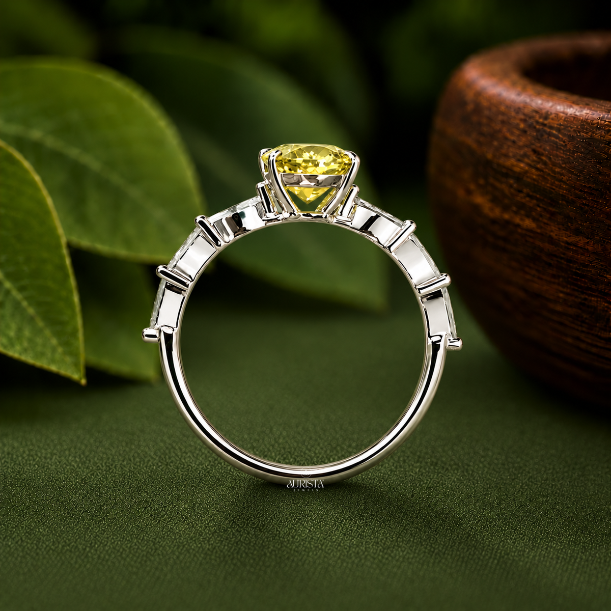 Oval Yellow Color Diamond Ring with Marquise Accent Lab Grown in Diamond