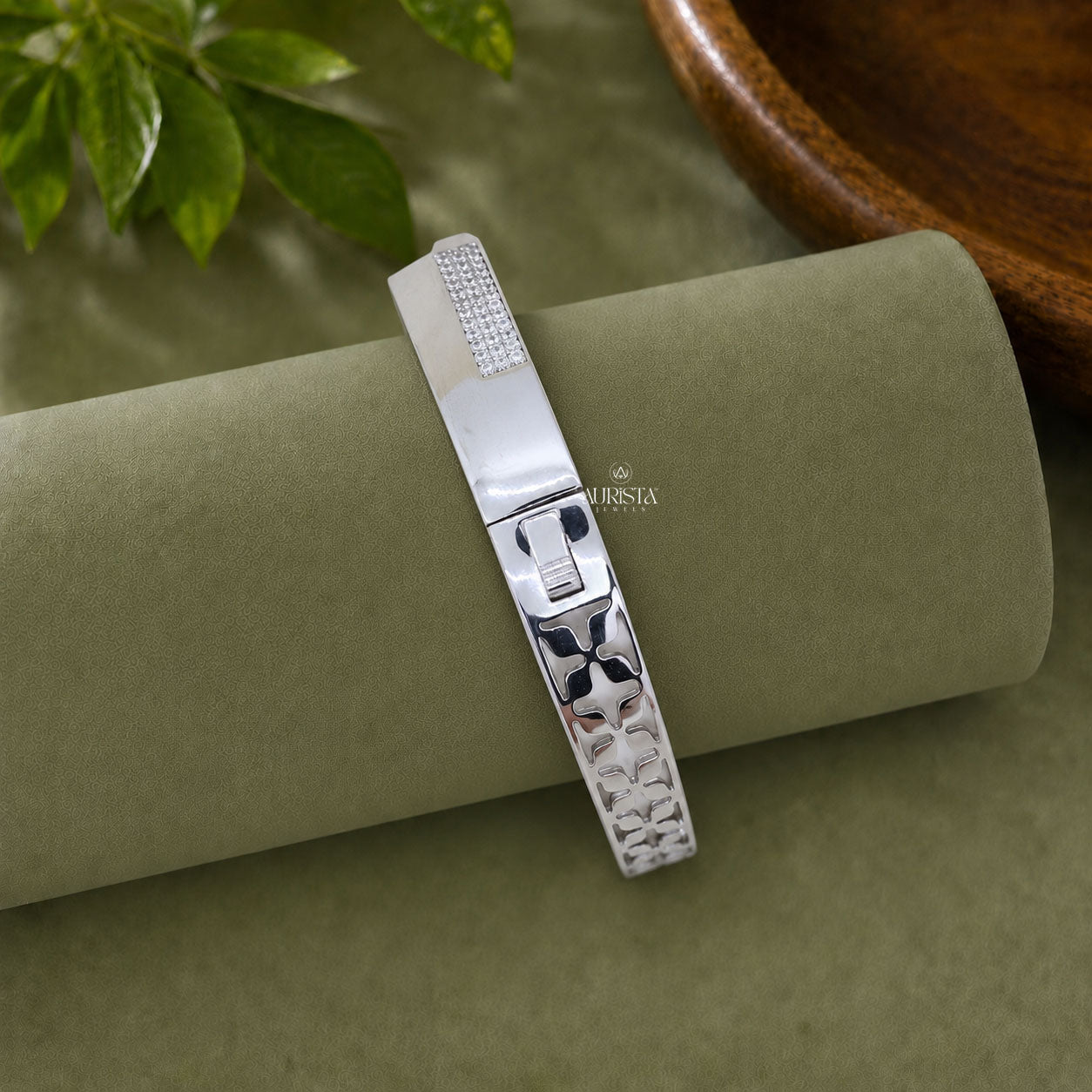 Round Moissanite Geometric Bangle - Angular Micro Pave White Gold Statement Bracelet