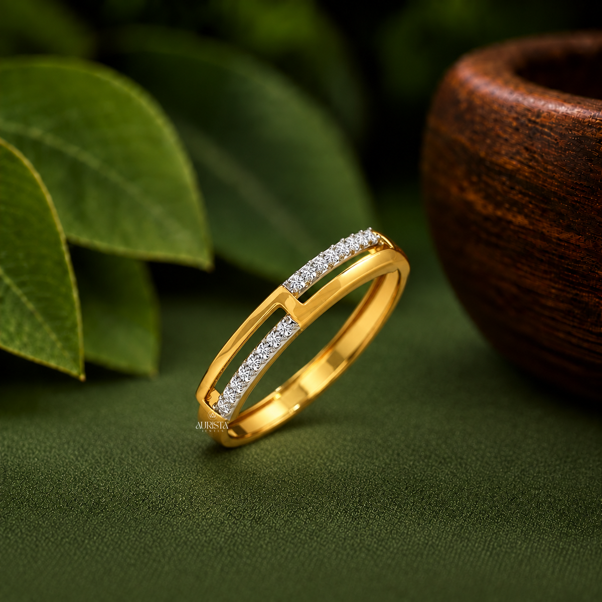 Lab Grown Diamond Round Cut Minimalist Bypass Band Yellow Gold Modern Stackable Ring