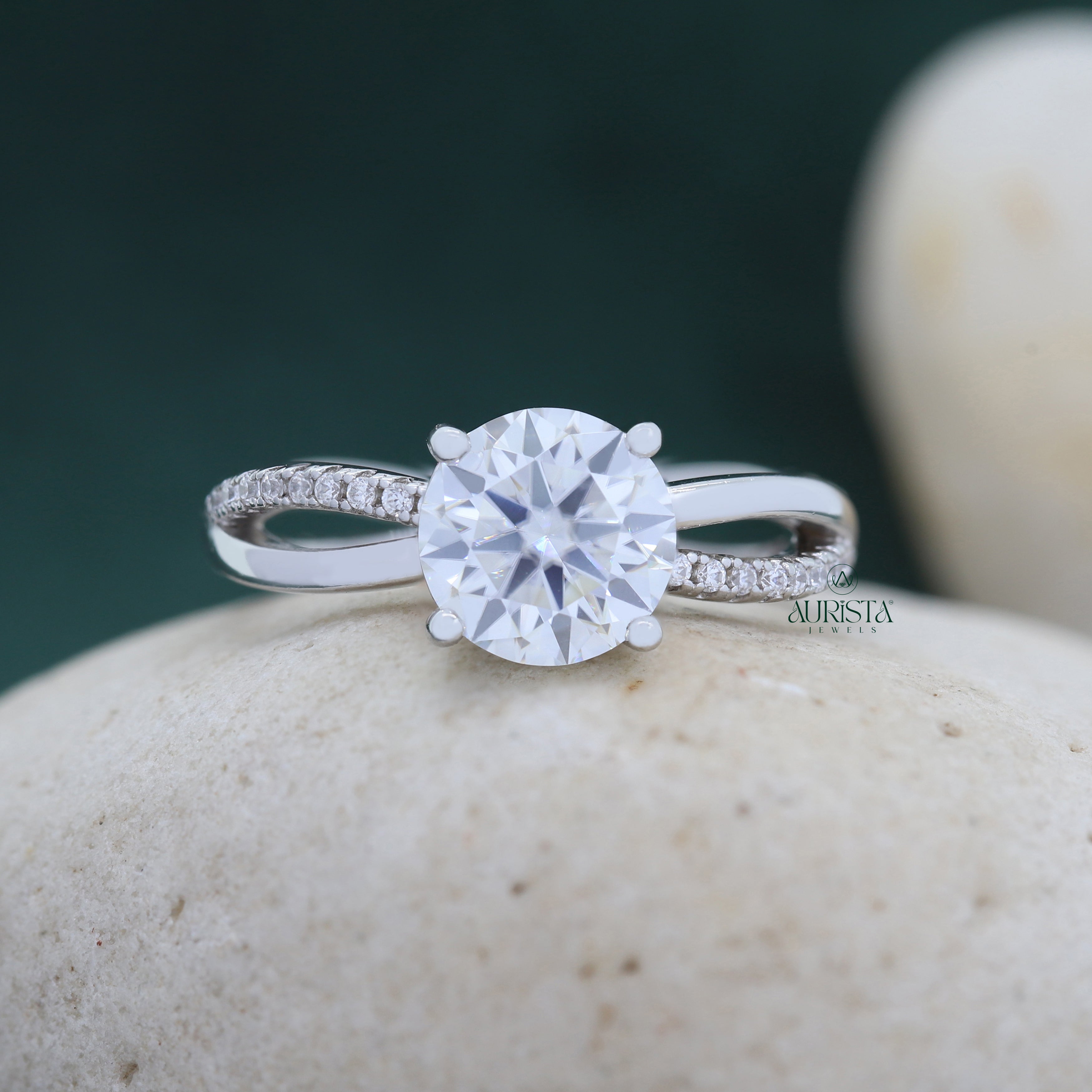 Round Cut Lab Grown Diamond Twist Ring, Pavé Engagement Wedding Ring