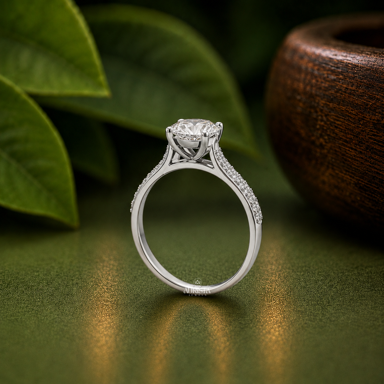Round Lab Grown Diamond Ring, Pave Shoulder Engagement Ring In High Polish White Gold