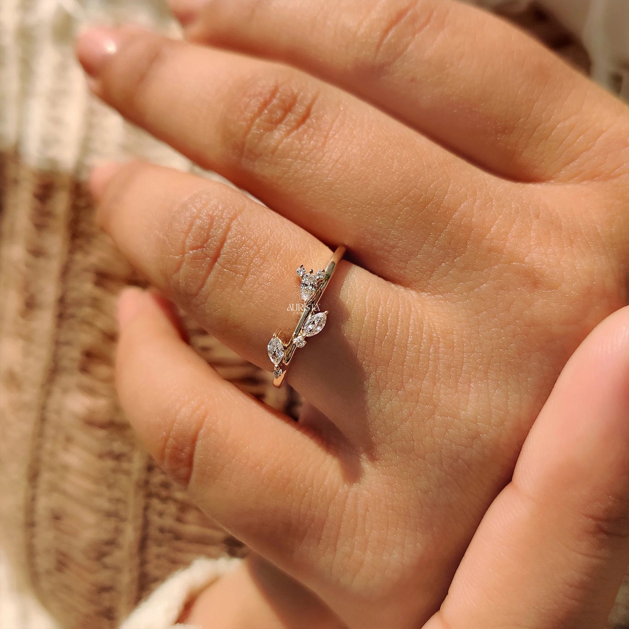 Marquise Moissanite Diamond Nature Inspired Gold Vine Leaves Bridal Engagement Ring