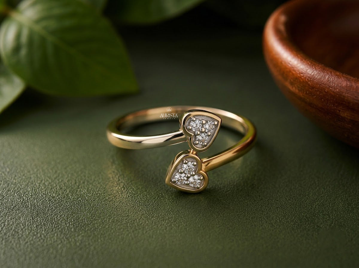 Lab Grown Diamond Gold Double Heart Ring Bypass Band Romantic Stacking Jewelry