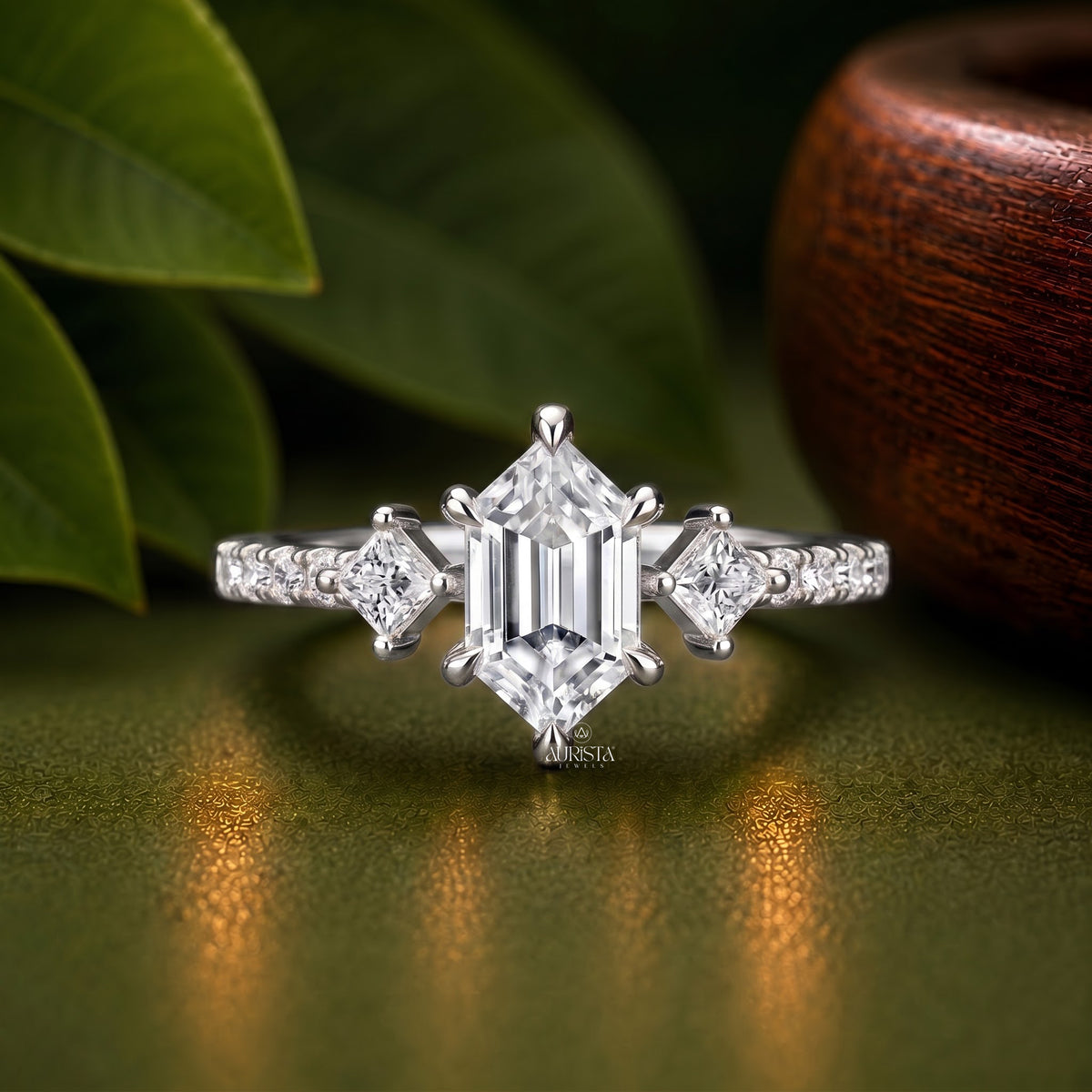 Hexagon Moissanite Diamond Ring, Rose Gold Three Stone Ring With Princess Side Stones
