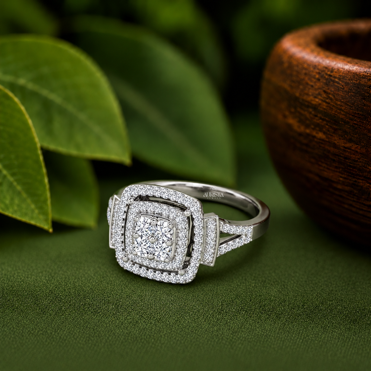 Round Lab Grown Diamond Double Halo Cluster Engagement Ring White Gold Bridal