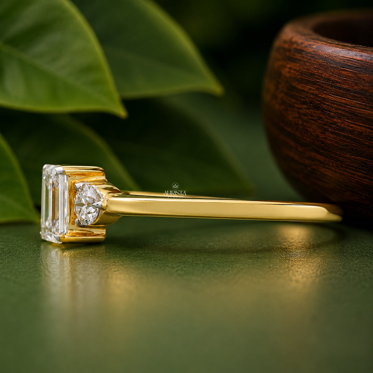 Emerald & Round Lab Grown Diamond Three Stone Ring, Anniversary Gift