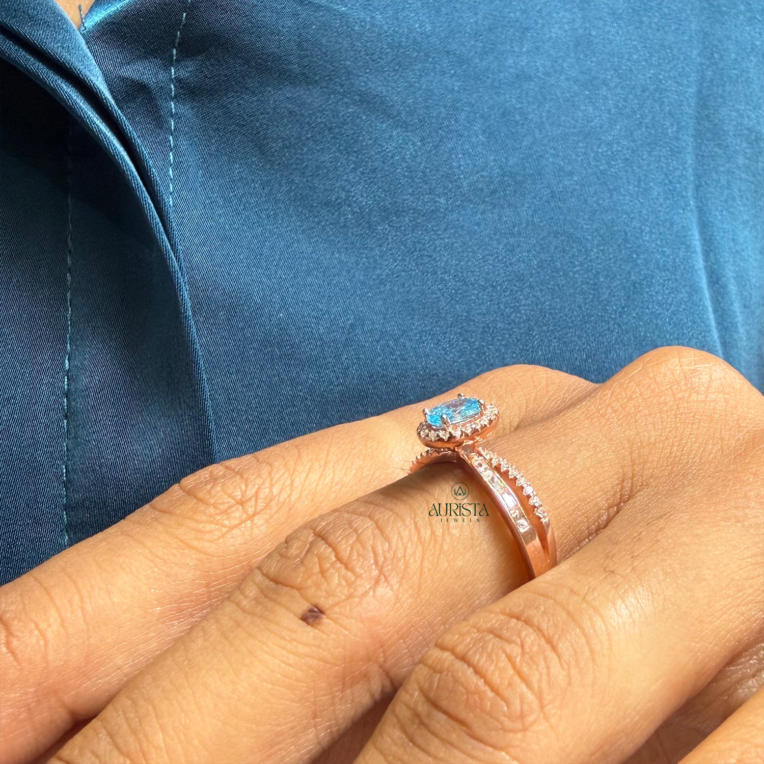 Oval Blue Moissanite Band Modern Split Shank Elegant Ring Everyday Luxury Jewelry