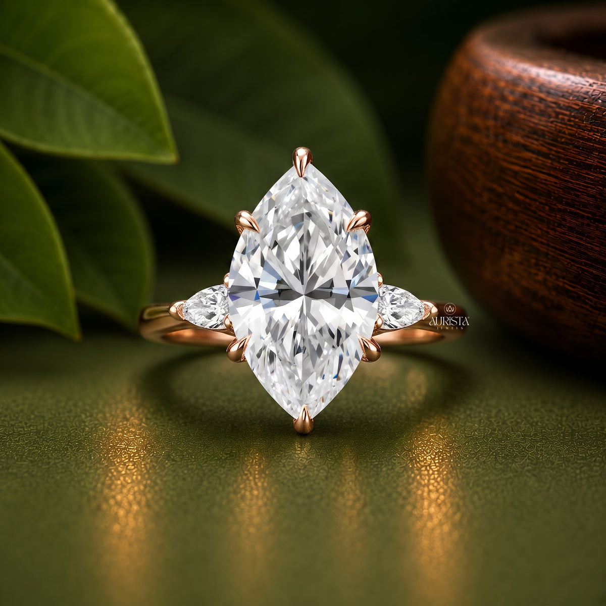 Marquise Lab Grown Diamond Ring Set, Rose Gold Three Stone With Curved Pave Band