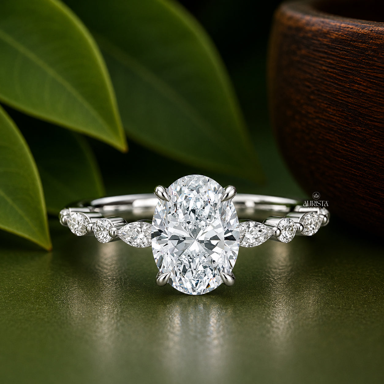 2 CT Oval Lab Grown Diamond Engagement Ring - Delicate Side Stone Platinum Band