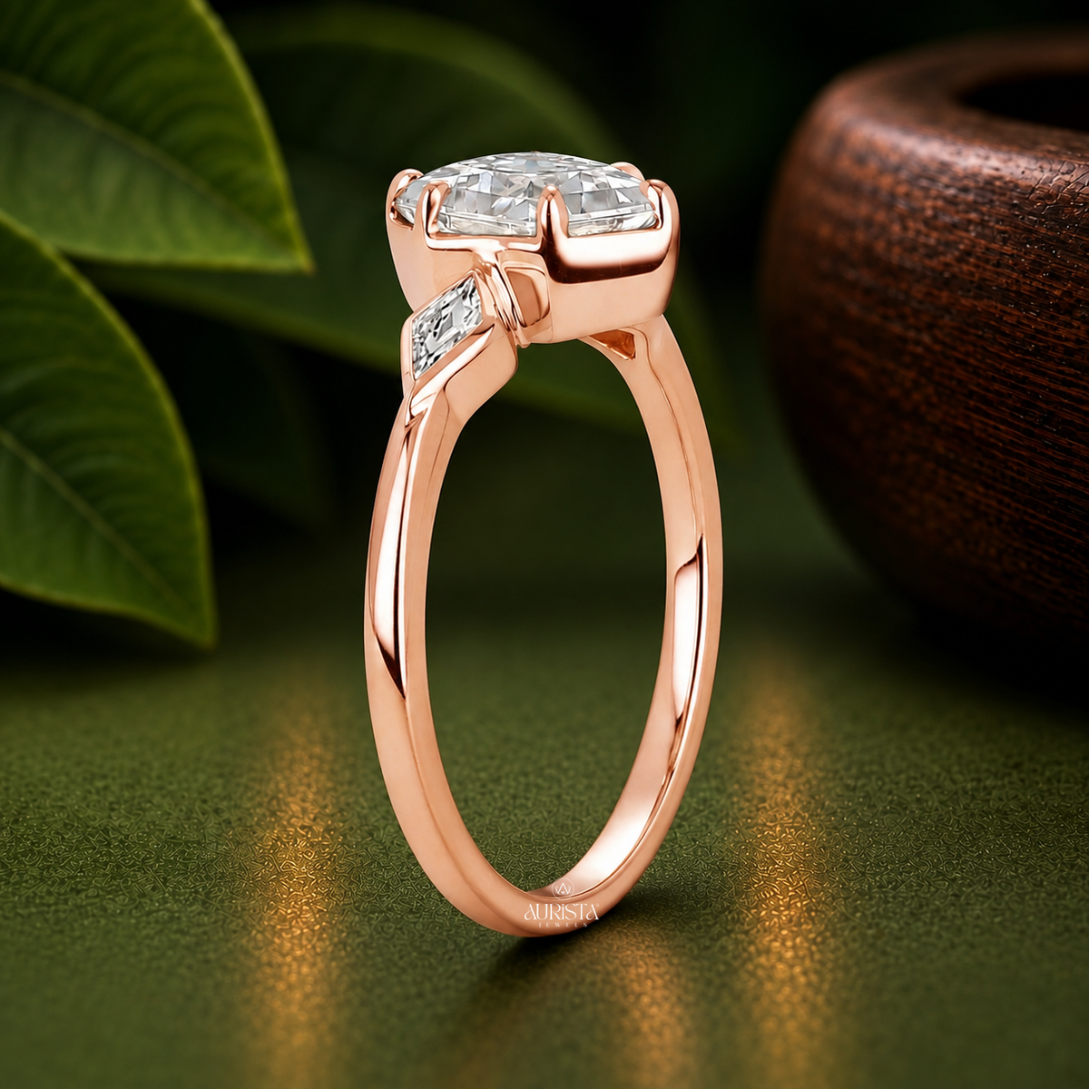 Hexagon Lab Grown Diamond Ring, Rose Gold Three Stone Engagement Ring With Marquise