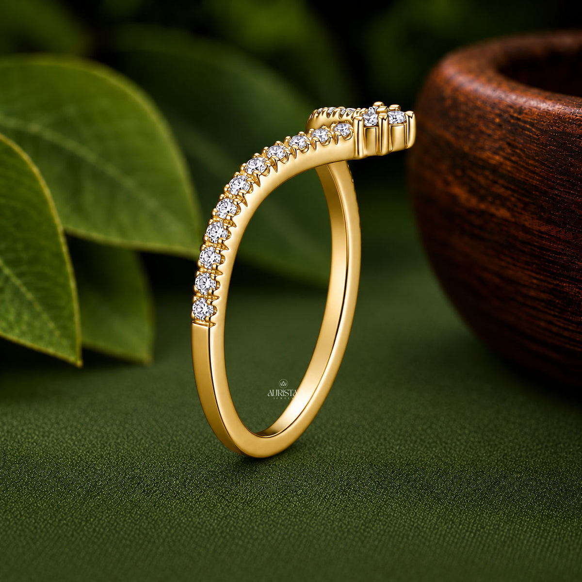 Round & Pear Lab Grown Diamond Crown Ring, Chevron Statement Wedding Band Set