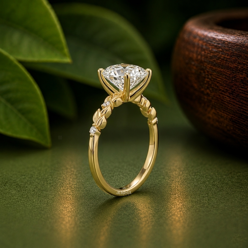 Asscher Shape Lab Grown Diamond Ring, Hidden Halo Nature Leaf Band With Side Stones